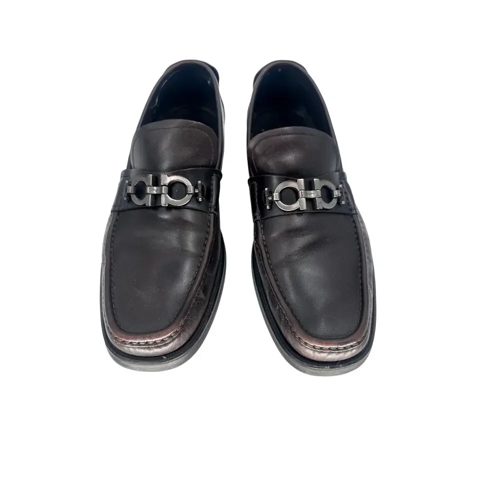 Salvatore Ferragamo David Gancini Leather Lug Sole Loafers Dark Brown Men's 12 D